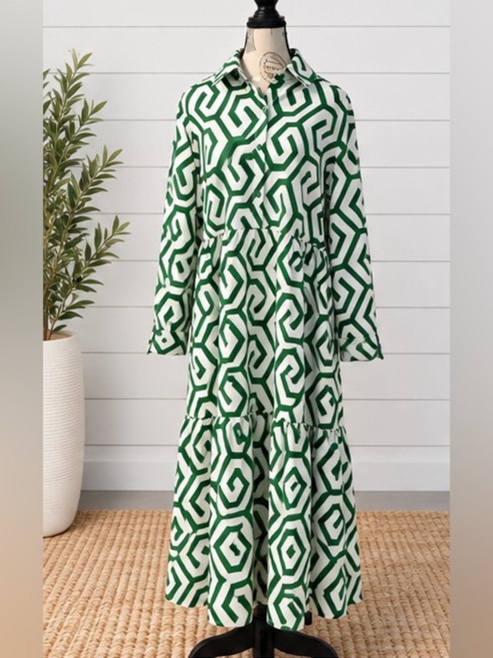 SHEIN Curve 3XL Green White Geometric Tiered Maxi Shirt Dress Plus Size